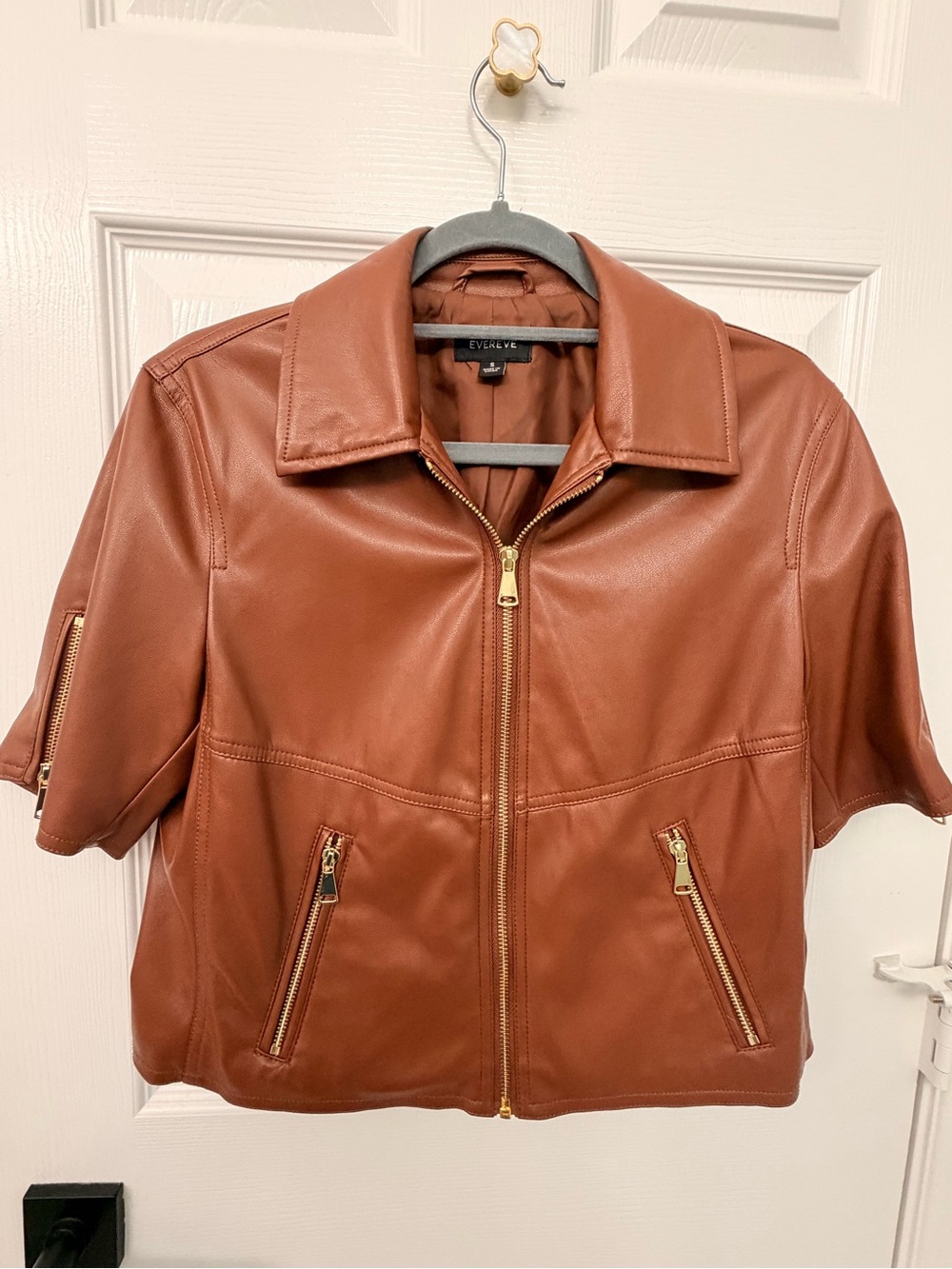 Evereve Cognac Brown Short-Sleeve Leather Zip Jacket